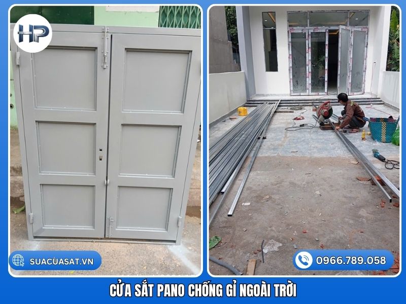 Lắp đặt hoàn thiện bộ cửa sắt pano chống gỉ ngoài trời chịu thời tiết cực tốt.