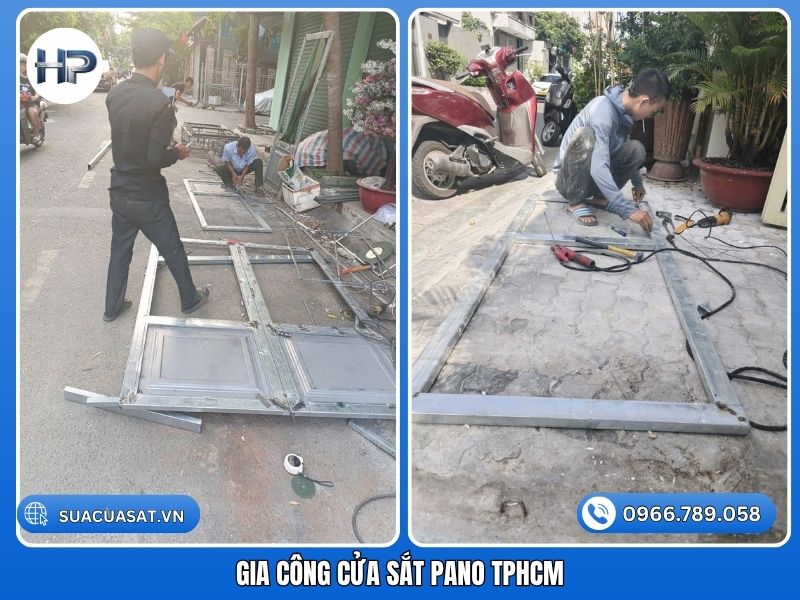 Đội ngũ thợ tay nghề cao đang gia công cửa sắt pano tphcm tại nhà dân.