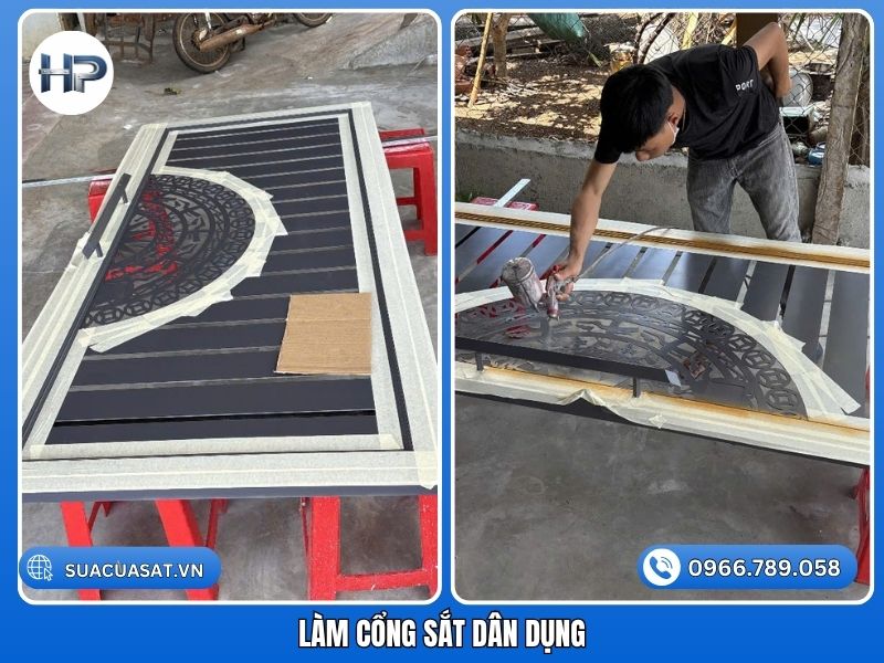 Thợ gia công xử lý bề mặt khi làm cổng sắt dân dụng cho nhà phố.