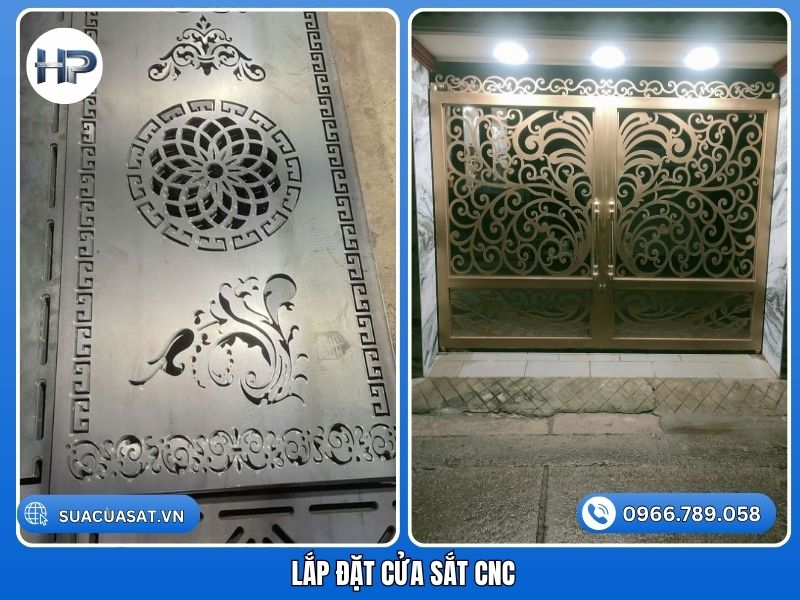 Lắp đặt cửa sắt CNC mỹ thuật hoa văn tinh xảo cho biệt thự.