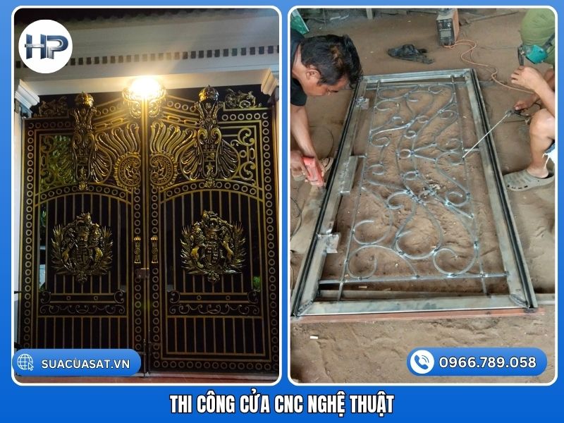 Thợ cơ khí gia công lắp ráp và hoàn thiện hệ cửa kim loại cắt CNC mỹ thuật.