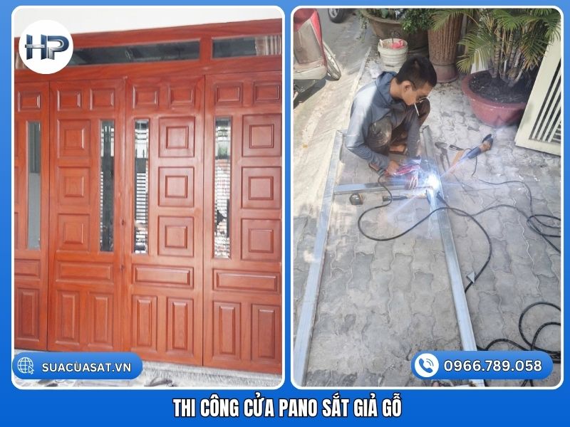 Sản phẩm hoàn thiện sau khi thi công cửa pano sắt giả gỗ sang trọng.