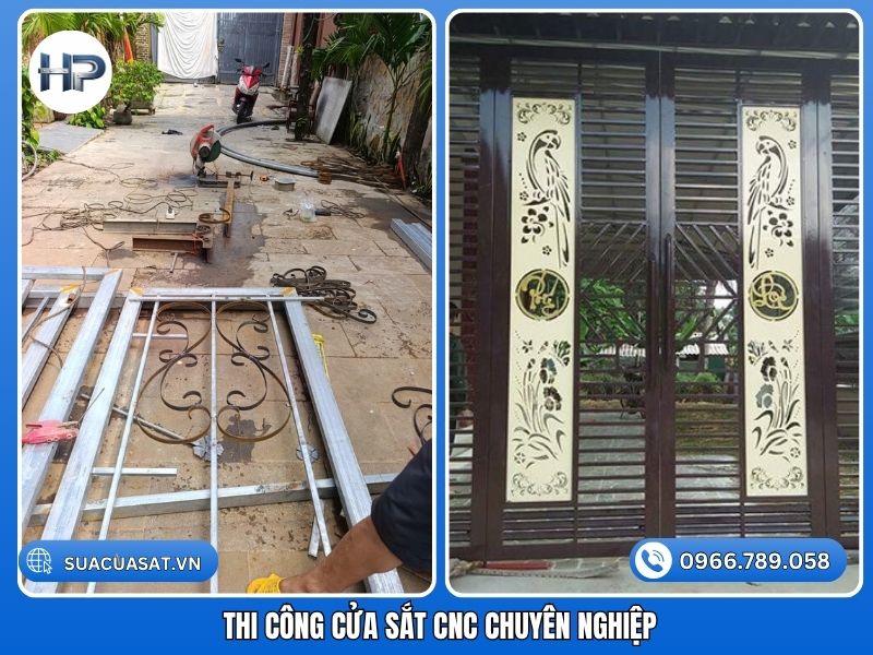 Đội ngũ thợ tiến hành thi công cửa sắt CNC chuyên nghiệp ngoài trời.